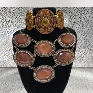 ***  Statement ^ Plush Pink Stone Necklace /  Gold-Tone Cuff Bracelet   ^^^